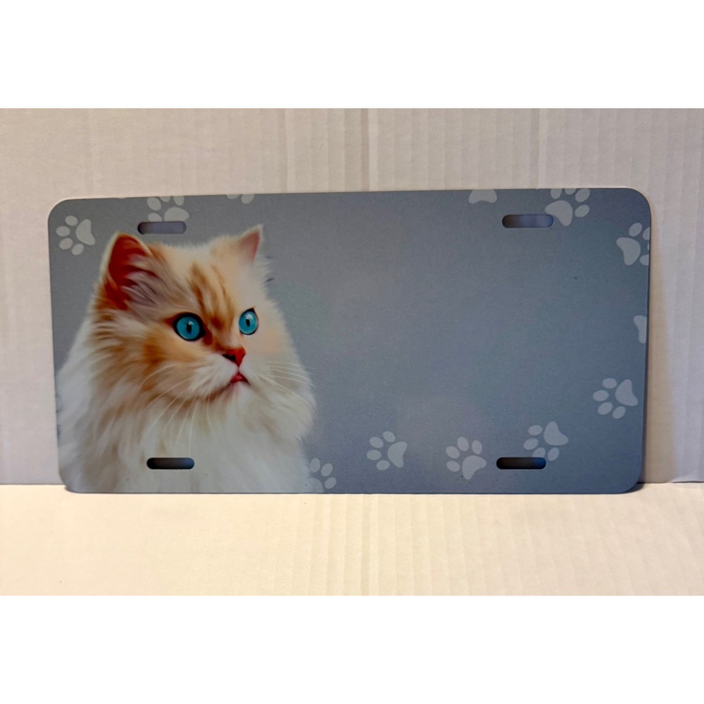 Novelty Longhair Cat Aluminum License Plate 12x6 Blue Eyes Paw Prints Vanity Tag